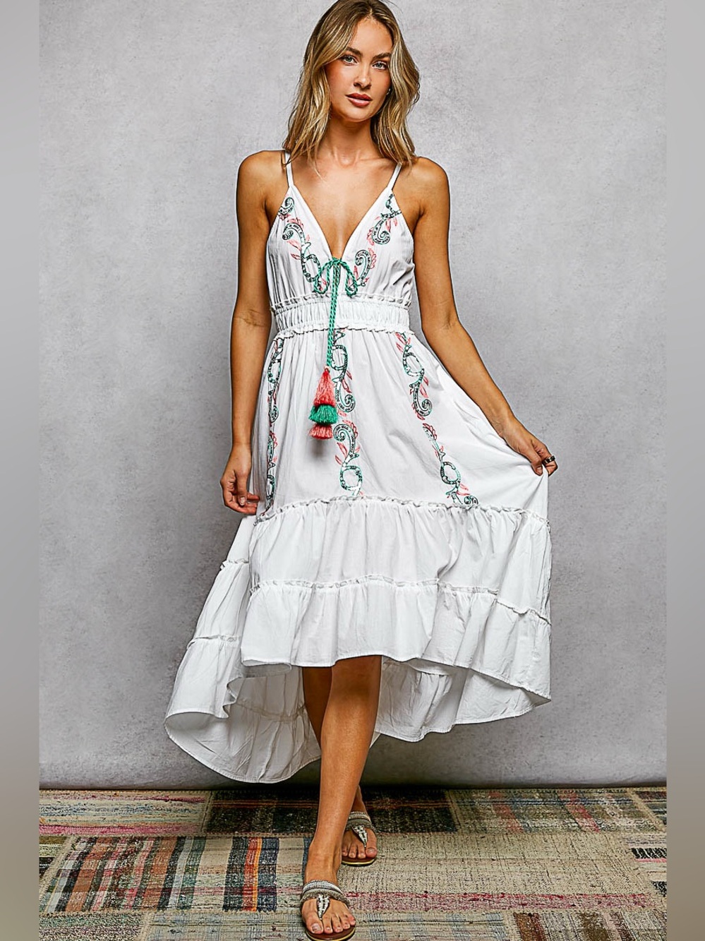 POL Embroidered Detail Tassel Tie Smocked Waist Midi Tiered Cami Dress🛍️